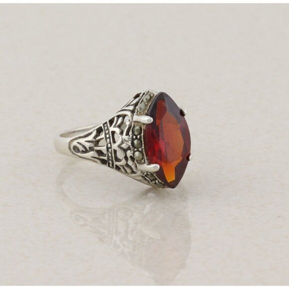 Sterling Silver Red Cubic Zirconia and Marcasite Ring Size 6 3/4 - Picture 1 of 9